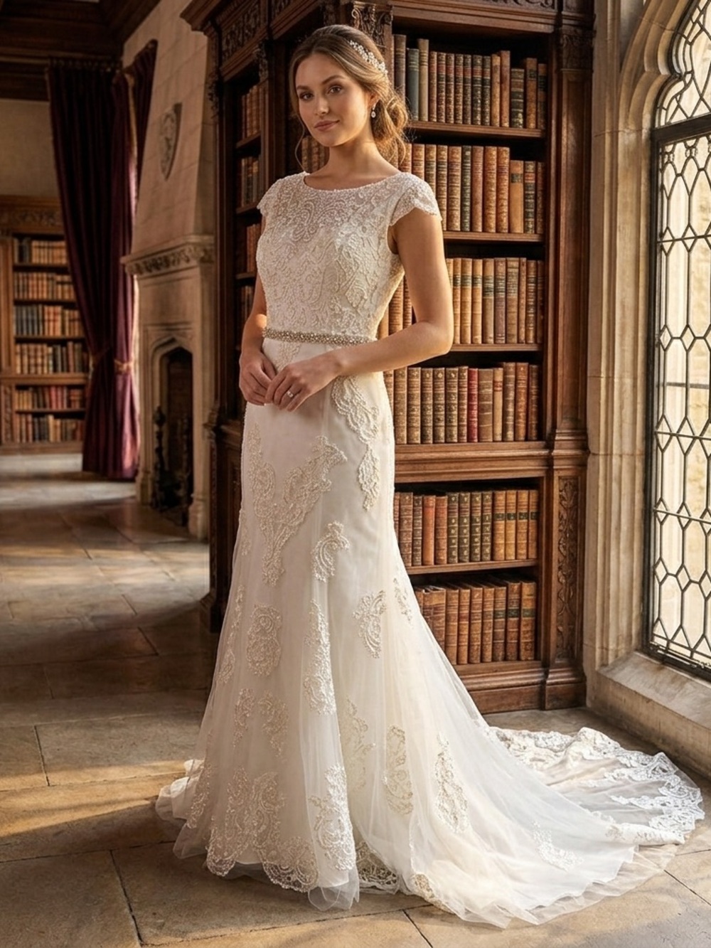 Elegant White Cap Sleeve Tulle Wedding Dress w/ Train
